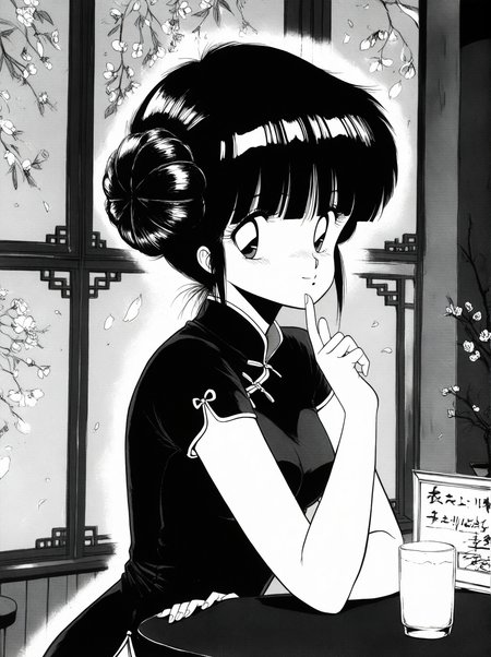 highres,ultra-detailed,very aesthetic,best quality,best hands,1980s,monochrome,grayscale,<lora:oonuma_hiroshi_v00:0.8>,1girl,medium breasts,black hair,twin bun hairstyle,blunt bangs,Chinese dress,bar,