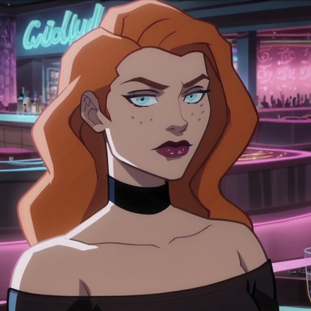 score_9, score_8_up, score_7_up, 1girl, solo, lipstick, orange hair, long hair, freckles, blue eyes, collarbone, black dress, choker, Knockout (dc), looking at viewer, nightclub, closed mouth, cartoon_screencap