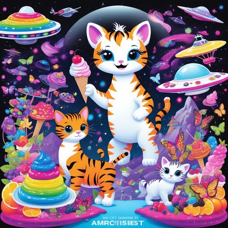 ice cream, spacecraft, scales, watermark, tiger, vibrant rainbow, flower, english text, hair bow, scenery, butterfly, light sparkles, fantasy landscape, door, cute creatures, cat, glowing, colorful, outdoors, unicorn, fruit, black background, eighth note, ufo, candy, jewelry, science fiction, multicolored hair, pop art, smile, anthropomorphic animals, rainbow hair