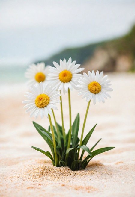 Bavarian ([Daisy:Daisies:2]:1.2) , Ceramic and Groovy, Rule of Thirds, Geeky beach, Hazy conditions, soft focus, Suffering, hard light, 50mm, professional, (sfw:1.1) <lora:picxer_real:0.8>