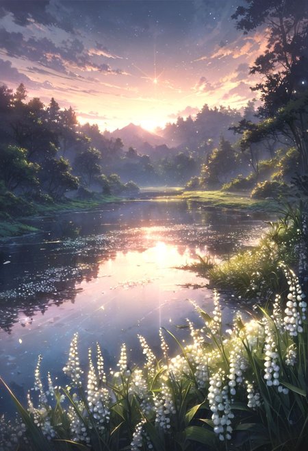 detailed background,( Calm spring night landscape), amongst lush greenery, beautiful view, Lily of the valley in full bloom, Lily of the valley, early morning, sunrise sky, beautiful clouds, dappled sunlight, beautiful detailed stars, shooting stars, Tranquil Lake, petals dancing in the wind, depth of field, masterpiece, best quality, ultra-detailed, very aesthetic, illustration, perfect composition, intricate details, absurdres, moody lighting, wisps of light, no humans,