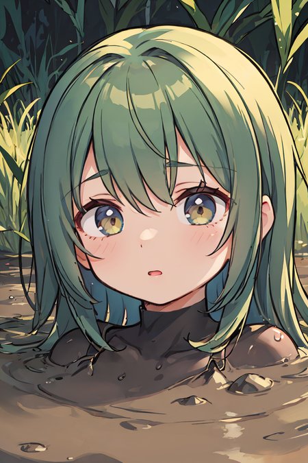 (masterpiece, best quality),1girl, beautiful face, <lora:partially_submerged:1> partially submerged, mud