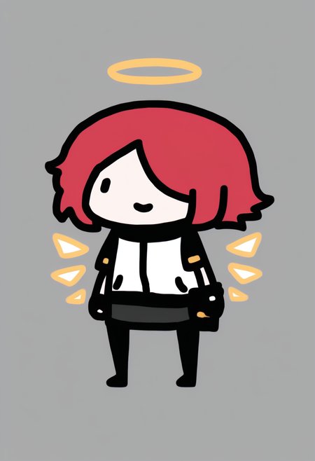 masterpiece, best quality, chibi, full body, solo, 1girl, exidef, detached wings, energy wings, smile, standing, short hair, red hair, hair over one eye, halo, dot eyes, white jacket, id card, black belt, belt pouch, short sleeves, raglan sleeves, black gloves, fingerless gloves, black skirt, miniskirt, black pantyhose, simple background