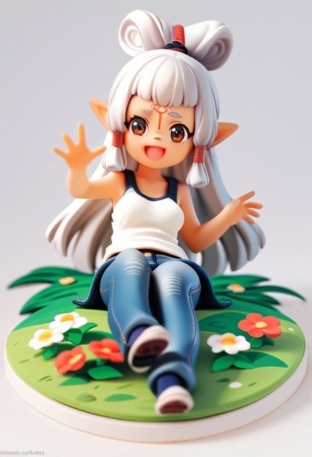 zPDXL3, score_9, score_8_up, score_7_up, 1girl, solo, medium breasts,
pointy ears, brown eyes, forehead mark,
jeans, tank top,
grass, flowers, sitting, forest, running, open mouth, smile,
bowpaya, acvillager, chibi,