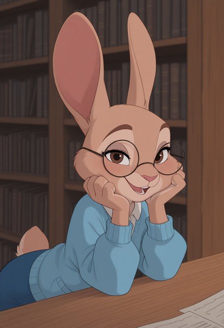masterpiece, best quality, amazing quality, very aesthetic, absurdres, newest, disney animation, solo female, furry, rabbit, beige fur, brown eyes, glasses, blue cardigan, blue skirt, feral, cute, leaning on counter, library, seductive, smile, open mouth, head in hand, looking at viewer, round glasses in mouth, height difference, upper body, head focus, (4 fingers), <lora:Disney_Animation_v5-V7:1>