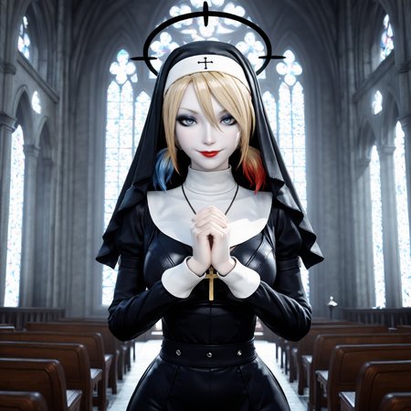 masterpiece, best quality, 3d, game cg, closed mouth, looking at viewer, seductive smile, 1girl, solo, harleyqbak, short twintails, multicolored hair, blonde hair, red hair, blue hair, blue eyes, pale skin, makeup, eyeshadow, lipstick, church, nun, habit, long sleeves, dress, black dress, jewelry, black veil, cross, cross necklace, own hands together, praying, halo   <lora:Harley_Quinn_Batman_Arkham_Knight:0.7>