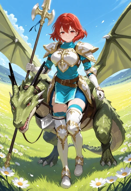 SmoothNoob_Quality,masterpiece,outdoors,field,full body,1girl,1other,solo,large breasts BREAK wyvern rider,knight,green dragon,dragon wing,breastplate,shoulder armor,pegasus knight uniform \(fire emblem\),<lora:wyvern rider-NAI:1>,<lora:NOOB_vp1_detailer_by_volnovik_v1:1>,holding polearm,smile,