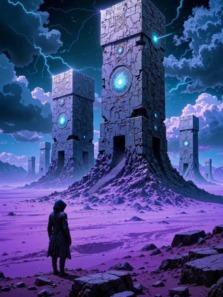 cinematic sci-fi film still, ultra-detailed and photorealistic, an endless alien desert of deep purple sand stretches toward the horizon, vast dunes sculpted by unseen winds, at its heart, towering black obelisks of impossible height rise into the stormy sky, their surfaces covered in intricate, glowing inscriptions that pulse and flicker with an eerie, indecipherable energy, the geometric arrangement of the structures hints at an ancient, forgotten intelligence beyond human comprehension. in the foreground, a lone traveler stands at the base of the nearest monolith, their silhouette dwarfed by the immense scale of the structure, a tattered hooded cloak billows in the dry wind, dust swirling at their feet, footprints already vanishing as the deep purple sand shifts, the traveler gazes at the structures, bathed in the unearthly glow of the inscriptions, a mix of reverence and fear in his posture. the image is a low-angle shot, emphasizing the towering grandeur of the obelisks and the insignificance of the lone figure, leading lines formed by the monoliths guide the viewer's eye into the vast expanse, additional obelisks barely visible in the hazy distance, their details softened by the atmospheric dust. the lighting is cinematic and moody, a deep indigo sky crackling with distant energy storms, faint auroras weaving through swirling clouds, the inscriptions emit a cold, spectral glow, casting soft, moving light on the surrounding sand and the traveler, occasional flashes of lightning in the far distance illuminate even more forgotten structures beyond the horizon. photographed with a medium format digital camera, ultra-sharp details in the obelisks intricate carvings, soft depth of field adding cinematic realism, subtle chromatic aberration and lens flares enhancing the eerie glow of the inscriptions, the color palette is dominated by deep purple, shades of blue and obsidian black, evoking a haunting atmosphere of ancient power, mystery, and awe, <lora:style-legacy_of_the_forerunners-flux-by_bra2ha:0.72>