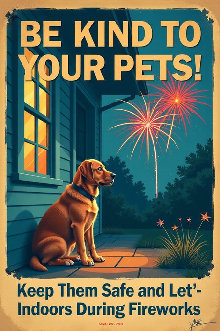 A vintage-style poster featuring a sad-looking dog cowering inside a house with closed windows, while colorful fireworks explode safely in the distance outside. The text in a gentle, blue font reads: "BE KIND TO YOUR PETS! Keep Them Safe and Indoors During Fireworks." Emphasize the importance of animal safety during celebrations.  <lora:REMEs_War_Poster_Style:0.95> In REME's War Poster Style,âââ