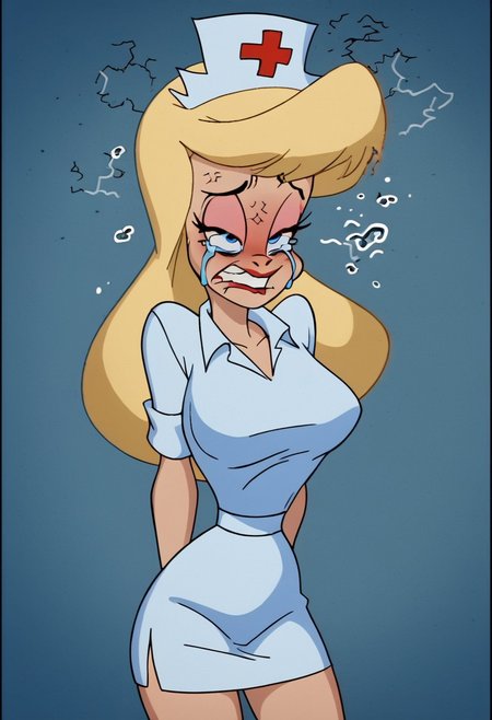 score_9, score_8_up, score_7_up, rating_questionable, zPDXL, 2d source_cartoon, (adult:1.2), facing the viewer, , horny, solo 1girl
<lora:Hello_Nurse_XL_Animaniacs:1> Heloise Nerz, 1girl, dirty messed burnt blonde  hair, blue eyes, totally burnt hair, sexy, horny, crying, scared, in love, extremely dirty white dress, hardly beaten fifty times, confused, deeply humiliated face, depressed face, black eyes, circles under eyes, beaten by ninty boxers, broken heart, under arrest, broken arms, toothless face, no tooth, smashed teeth, crazy emotion, extremely violently beaten face, ten times more extremely violently beaten face, big deep shiners on both eyes, narrow waist
<lora:Expressive_H:1>
<lora:r3nst1mpyXLP:1> r3nst1mpy,aaa