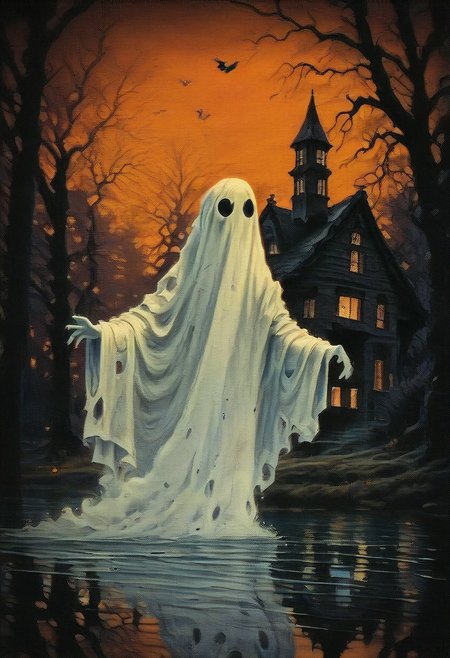 score_9, score_8_up, score_7_up, score_6_up, hllwn, halloween, vintage, ghost costume, no humans, ghost, tree, halloween, bare tree, outdoors, signature, water, building, traditional media