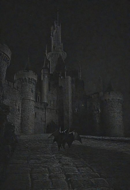 bat walking around a castle at night