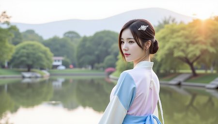 Imagine a young Asian woman dressed in the elegant attire of the Joseon era, standing in a serene and picturesque landscape. She wears a traditional hanbok, the delicate layers of fabric in shades of soft pastel blues, pinks, and creams flowing gracefully with the gentle breeze. The hanbok's jeogori (jacket) is adorned with intricate floral embroidery, symbolizing peace and prosperity, while her chima (skirt) falls in beautiful folds, creating a graceful silhouette.

Her hair is styled in a refined updo, with a simple yet elegant norigae (decorative tassel) hanging from the strings of her hairpin. A delicate silver hairpin shaped like a flower or bird rests securely in her hair, giving a subtle touch of sophistication. Her face radiates youth and grace, with gentle, almond-shaped eyes that reflect the quiet beauty of the surroundings.

She stands near a serene pond in a blooming garden, surrounded by lush greenery and the gentle mist of a distant palace range. The sky above is soft, either the light hues of dawn or the golden glow of dusk, lending a dreamy atmosphere to the scene. Her presence feels harmonious with the tranquil landscape, as if she belongs to the timeless elegance of this historical moment.