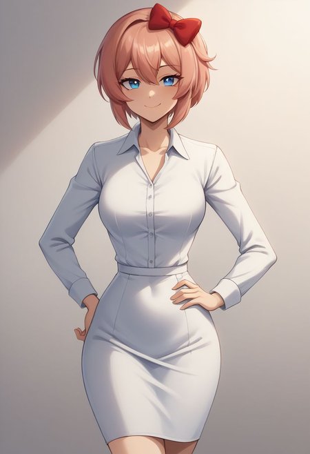 score_9, score_8_up, score_7_up, 4k, absurdres, uhd,
1girl, adult, abstract background, artistic portrait, solo, cute woman,
 <lora:ddlc-sayori-ponyxl-lora-nochekaiser:1.0> ddlcsayori, blue eyes, hair between eyes, hair bow, hair ornament, pink hair, red bow, short hair,
happy,looking at viewer, closed mouth, smug, naughty face,
cowboy shot, pose, confident, hand on own hip, contrapposto, 
<lora:edgOfficeLadyPonyv1:0.8> edgpdress, wearing edgpdress, white dress, office lady,