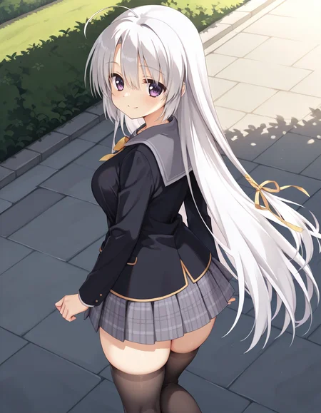 Ayachi Nene V2 (school uniform),purple eyes,white hair,very long hair,ahoge,school uniform,serafuku,black jacket,plaid skirt,black thighhighs,(grabbing breasts:-1),outdoors,day,
smile,
looking at viewer,
medium breasts,
hair between eyes,curvy,slim,thick thighs,detailed body, skindentation,matte skin,smooth skin,soft brightness,perfect hands,perfect fingers,five fingers,detailed hands,detailed mouth,kawaii,moe face,16k,(masterpiece,best quality,amazing quality),detailed linework,
(from behind:1.8),(from above:1.2),
 <lora:ãµããã¦ã£ããç¶¾å°å¯§ãillustriousV2SANOBA_WITCHAyachi_NeneillustriousV2:1:0.8>