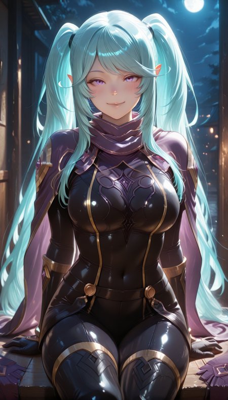 <lora:LCMTurboMix_Euler_A_fix:1> <lora:example_SDXL:0.3>, EZRealPONYXL, <lora:Dramatic Lighting Slider:3><lora:realistic filter [IL]:1>
DSLR,realistic,cosplay photo, (very awa,masterpiece,best quality,year 2024,newest,absurdres,highres:1), realistic,skin texture,facial features, photography shot with Canon EOS 5D Mark IV , realistic, RAW, best quality, masterpiece, amazing quality, skin details,
1girl, highly detailed beautiful face, large natural breasts,
detailed background, shiny skin, dutch angle, night, moonlight,
beautiful detailed eyes, intricate details, absurdres, anime screencap,
 <lora:Epsilon_KageJitsu_ILXL_kill0825:1>
KageEpsilon, long hair, breasts, very long hair, twintails, small breasts, blue hair, purple eyes, pointy ears, aqua hair, elf, swept bangs, sidelocks, multicolored hair, 
gloves, huge breasts, boots, black gloves, scarf, cosplay, covered navel, bodysuit, thigh boots, black bodysuit, purple scarf, cape, gold trim, purple cape, skin tight, impossible clothes, armor, shoulder armor, thigh gap, thigh strap, belt,
sitting, blush, smile, dynamic pose,