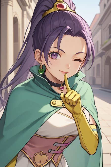 score_9, score_8_up, score_7_up, source_anime, rating_safe, intricate details, 1girl, solo, <lora:Serenica:1>, serenica, puple hair, high ponytail, purple eyes, black choker, jewlery, white dress, green cape, pink corset, yellow gloves, elbow gloves, thighs, looking at viewer, outdoor, smile, upper body, hand up, raised index finger, bent over, one eye closed, five fingers