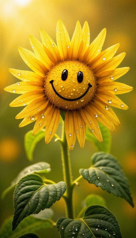 "A surreal, highly detailed sunflower with a bright yellow smiley face at its center, glowing with cheerful energy. The petals are made of glass-like material, each adorned with perfectly spherical water droplets reflecting miniature versions of the surrounding greenery. The background is a dreamy bokeh of warm greens and yellows, softly blurred, creating a peaceful, whimsical garden scene. The focus is sharp on the flower, capturing the intricate textures of the petals and the glossy surface of the smiley face."
hyper-detailed, aidmaHyperrealism
 <lora:FluxDFaeTasticDetails:0.2> <lora:aidmaHyperrealism-FLUX-v0.3:0.8>