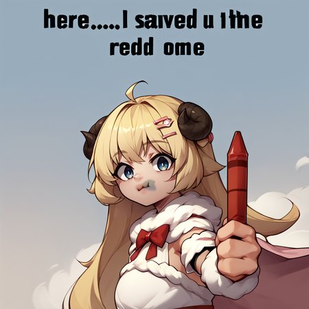 source_anime, score_9, score_8_up,  <lora:NSRedOneMeme:1> NSRedOneMeme, upper body, holding, english text, from side, looking at the viewer, <lora:CHAR-TsunomakiWatamePonyXL:1> WatameBase, very long hair, ahoge, hairclip, fur-trimmed dress, red bowtie, detached sleeves, fur-trimmed cape, pink cape