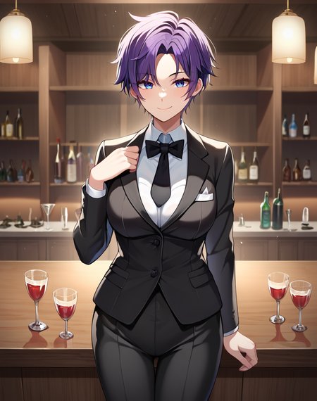 asahina_mafuyu, purple hair, purple eyes, blue eyes, gradient eyes, short hair, parted bangs, tomboy, breasts, tomboy, tuxedo, black jacket, black pants, girl butler,  black necktie, BREAK indoors, bar BREAK looking at viewer,  standing, cowboy shot,  sexy smile  BREAK score_9, score_8_up, score_7_up, source_anime ,zPDXL, perfect hand,<lora:Asahina_Mafuyu:0.8>,