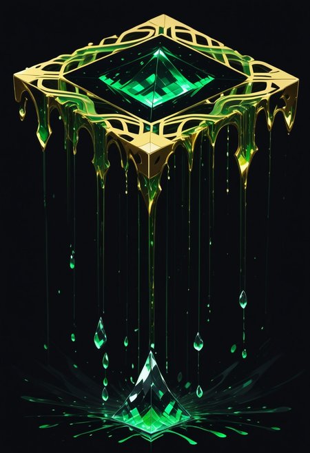 (masterpiece), best quality, Anime, (Floating Cube, Melting, Dripping), Black Background, No Humans, Green and Black Theme, Gold Filigree, (Light Refraction), Symphtia-Style