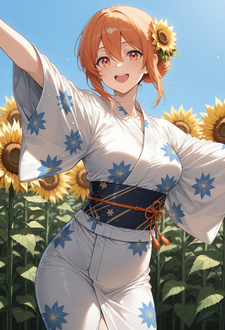 masterpiece, best quality, highres, absurdres, 1girl, solo, yghmm, medium breasts, orange hair, hair between eyes, sidelocks, single hair bun, yukata, kimono, sunflower field, outdoors, spread arms, outstretched arms, orange eyes, obi, print kimono, japanese clothes, hair flower, sunflower, blue sky, looking at viewer, blurry, blurry background, smile, open mouth