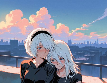 masterpiece,best quality,newest,very aesthetic,absurdres,very awa,highres,(yoneyama mai:0.8),(rella:0.5),(cutesexyrobutts:0.6),(ilya kuvshinov:0.7),newest,year 2024,year 2023,<lora:ponyv4_noob1_2_adamW:0.6>,2girls BREAK (2b \(nier:automata\), white hair, blue eyes,  short hair,  casual,) BREAK (a2 \(nier:automata\), white hair, blue eyes, long hair,   casual,  ) BREAK blush,evening,messy hair,yuri,rooftop,cityscape,cloudy sky,head on another's shoulder,tragedy,bad end,sad smile,light,looking at another,