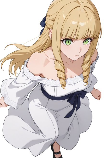 Smooth Quality,masterpiece,very intricate, high quality details, ultra realistic, high detailed skin,detailed enviorement,absurdres,
simple background, white background,
,from above,annoyed,determined,
yukata,  ,off-shoulder blouse,  ,long skirt, , <lora:Fiatoio_Annacnn:0.7> fannacnn, 1girl, blonde hair, green eyes, long hair, blunt bangs, sidelocks, drill hair, mary janes,