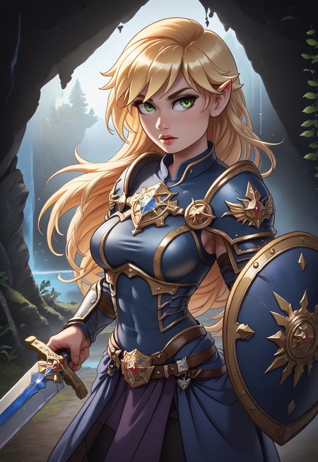 safe_pos, score_9, score_8_up, score_7_up, 1girl, woman, solo.
(A solitary knight in gleaming armor, standing guard at the entrance of a hidden cave, with a glowing sword held firmly in hand. Green eyes, long blonde hair, front bangs, fit figure:1.85)
((((big sword and iron shield in hands)))
<lora:add-detail-xl:1> <lora:Expressive_H:0.6>Expressiveh, (SimplepositiveXLv1:1.3), (((upper body, full clothed)))
((masterpiece))
 (ultra realistic, 32k, masterpiece:1.2), (high detailed skin:1.1), (high quality:1.1)
(((full clothed)))
<lora:DandonFuga_Style_v.2_-_Pony:0.8>
 (8k uhd:1,4)
 <lora:add-detail-xl:1>
 <lora:Dynamic Poses:1>