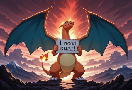((masterpiece, best quality, highly detailed, 8k,)) Charizard holding a sign, pokemon, stormy clouds, fire, volcano dramatic red lighting, need_buzz, holding sign