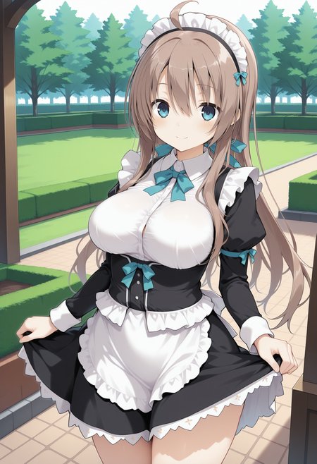 1girl, aatsumugi, long hair, brown hair, ahoge, blue eyes, breasts, <lora:shiiba_tsumugi_ilxl_v1:0.9>, standing, cowboy shot, maid, garden, skirt hold, smile,
masterpiece, best quality, amazing quality,
