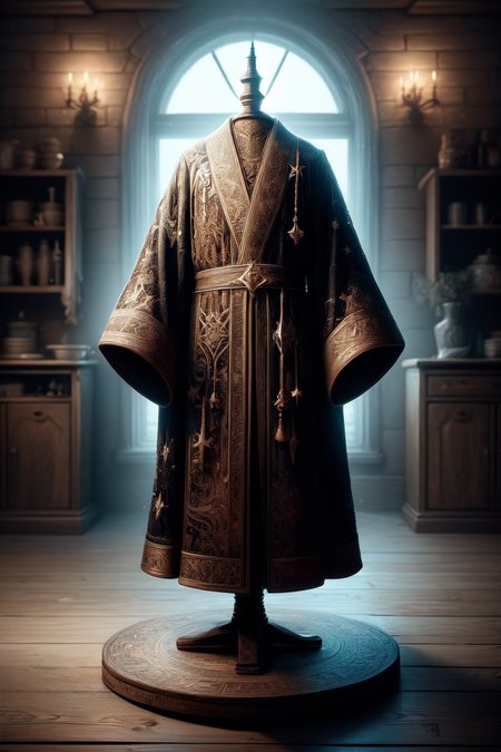 a wizard robe floating over a pedestal, masterpiece, best quality, hdr, 8k, dynamic pose, <lora:Mild detail adjusterV10:0.7>, <lora:more_details:0.3>,   <lora:wizardrope:0.6> Wizardrope <lora:typography-astrology-style-darquelilly-v1:0.7> typologyastrologystyle, prize at the end of the dungeon