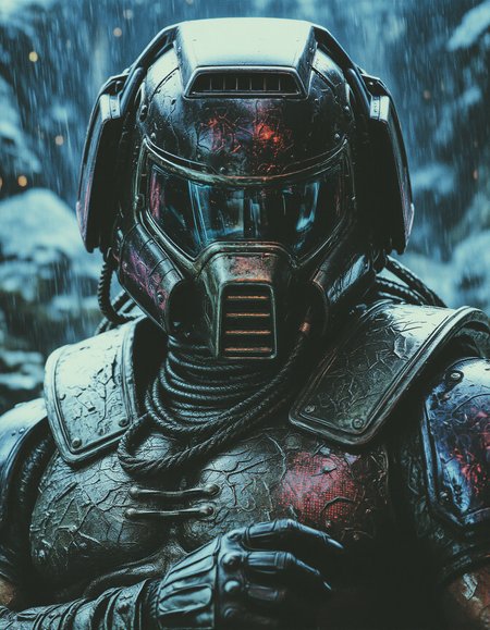 Generate a hyper-realistic, high-detail portrait of a strong muscular doomguy, set hellish setting. The central figure is adorned with a technologically advanced helmet featuring multiple mechanical elements and exposed circuitry, seamlessly integrated with doomguy human features. The helmet is chrome, transparent visors, and intricate wires, sensors, and cables running through it. The doomguy expression is angry and intense. There are visible mechanical implants embedded in doomguy skin, blending organic and artificial textures. The futuristic outfit he wears is illuminated by neon green lights, and the fabric contains complex digital patterns, creating a strong sci-fi aesthetic. Retro Sci-Fi Film Screengrab.  <lora:Classic_Doomguy_for_Flux:0.8>  <lora:80sFantasyMovie2:0.9> ArsMovieStill, 80s Fantasy Movie Still