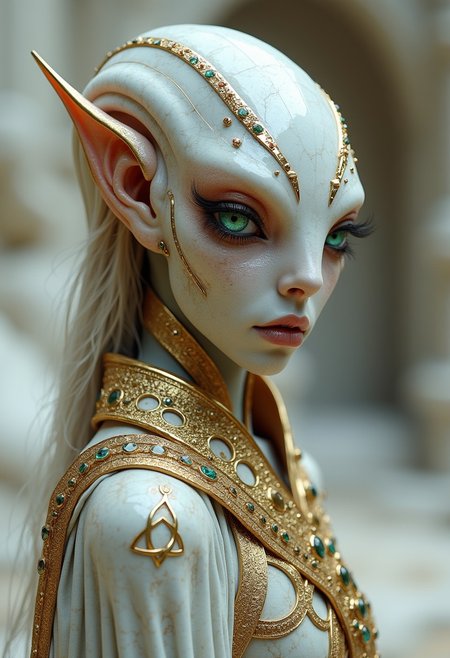 Professional photo, turned slightly away, the style of dark white and light bronze, gold filigree, fierce alien priest on an alien planet, adorned with garnet and bloodstone gemstones, standing in ancient white marble temple, by Brian Froud and Heather Theurer,  extremely detailed head and face, very realistic and symmetrical eyes, emerald green eyes, (eye contact with viewer), hyper detailed, hyper quality, artstation award winner, Epic realism, meticulous masterpiece,