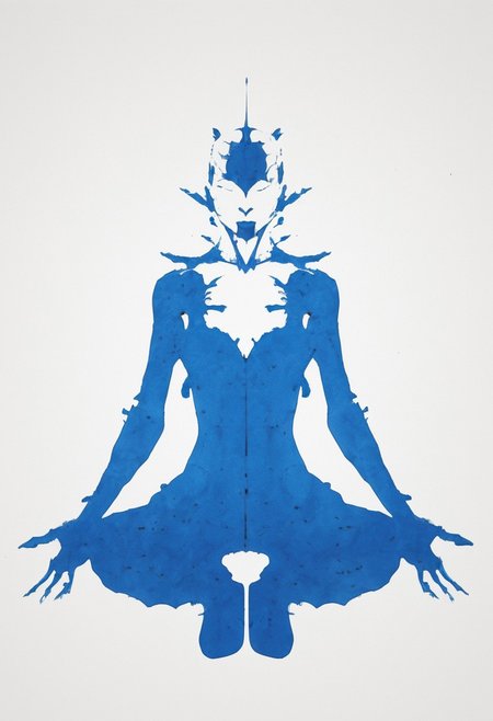 A rorschach-test resembling seducing ergo proxy, Cleavage, skintight bodysuit, symmetrical, charming, dark blue/black/White translucent ink splashes