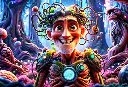old man with a smilecybernetic style Ultimate fusion of technology and allure, Cosmic Cyber Warrior. Embodying the creative genius of Jovana Rikalo, Brandon Woelfel, and Ross Tran, spectacular cosmic landscapes fraught with otherworldly conflict. Shimmering cables course beneath her translucent epidermis, connecting to powerful vertebrae that support a resplendent skull adorned with cascading neon undercut locks. Mysterious constellations twinkle ominously overhead, casting eerie shadows on the ground below. This masterpiece encapsulates the quintessential essence of science fiction, presenting a highly detailed exploration of extraterrestrial themes guaranteed to captivate audiences worldwide. . futuristic, technological, cybernetic enhancements, robotics, artificial intelligence themes,  8k picsmade of ral-mythfrst <lora:ral-mytfrst:1>