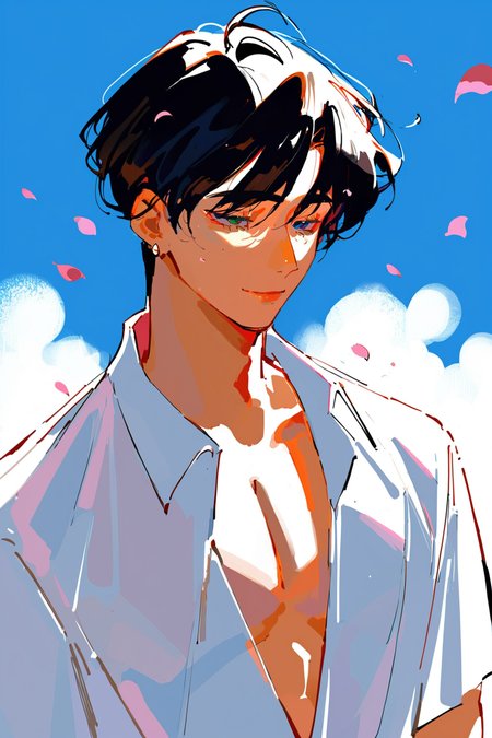 (1guy:1.1), cleavage, black hair, white shirt, sakura petals, the cold, , (score_9,score_8_up,score_7_up),  <lora:sketchstyle:0.9>, (imbasketchstyle, abstraction, lines:1.2), sketch style, (paint style:0.8)