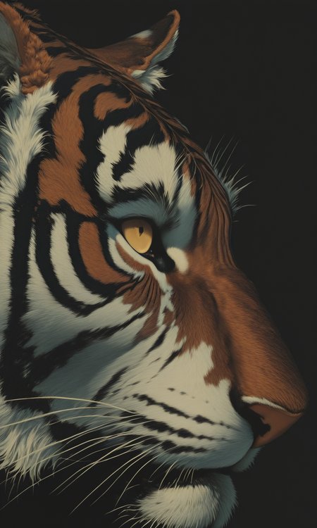 profile photograph of a Bengal tiger's face showcasing its  detailed fur patterns. dramatic, shadows.dark atmospheric<lora:- iLL -PdJ_highres_counterweight_V1.0-step00004500:.8>  <lora:Illustrious:0.4>  <lora:HyperdetailedColoredPencilIl:0.8>