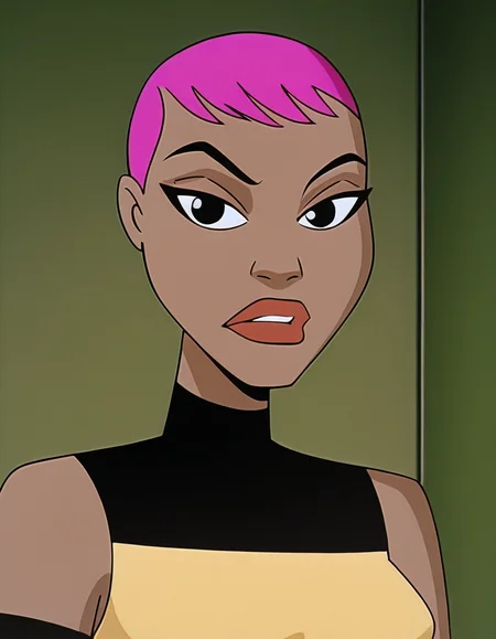 <lora:MaxGibsonIllustrious1.0JLFO:1> maxgibson, short hair, 1girl, pink hair, solo, dark skin, dark-skinned female, black eyes, sleeveless, armband, makeup, lipstick, breasts,upper body, portrait,  looking at viewer,