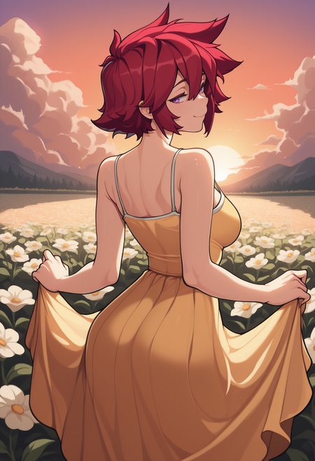 masterpiece, best quality, newest, from behind, solo, 1girl, j0na, smile, looking back, skirt hold, short hair, red hair, spiked hair, hair between eyes, purple eyes, yellow sundress, spaghetti strap, bare shoulders, outdoors, sunset, cloud, flower field
<segment:yolo-Anzhc Face seg 640 v2 y8n.pt,0.4,1//cid=11>