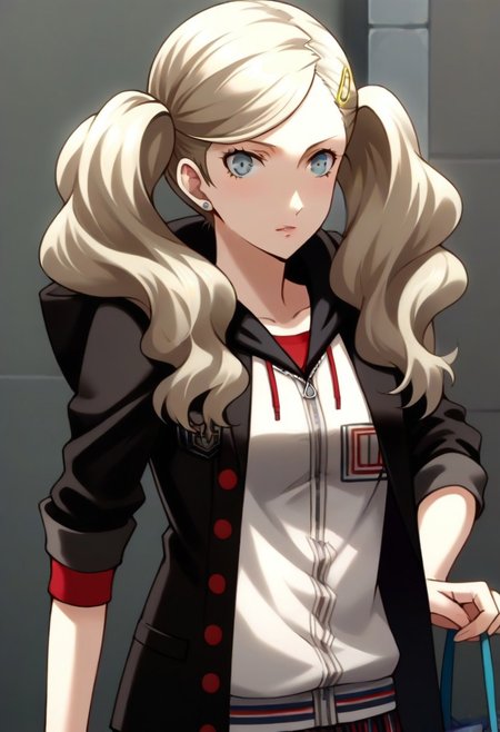 (source_anime), 1 girl, solo, nsfw, cute face, p5ann, twintails, long hair, takamaki anne, blonde hair, hairclip, skirt, uniform, jacket, open clothes, hairclip, hood, miniskirt, sweater, open jacket, black jacket, hoodie,hood down, white sweater, red pantyhose, hooded cardigan, uniform,