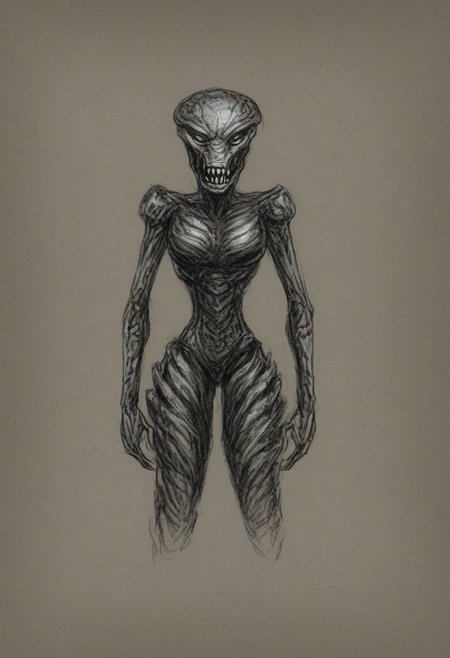 a nymphomaniac female alien with a gruesome appearance. The alien has multiple eyes and sharp teeth. She is wearing a metallic outfit. The background is chaotic, with destroyed buildings and debris. The lighting is good, with a soft glow on the alien's body. There is a shadow of the alien on the ground.