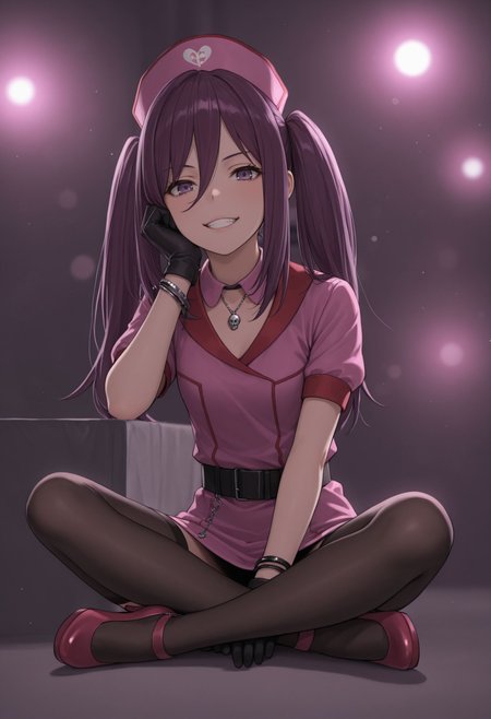 masterpiece,best quality,absurdres,highres,very aesthetic,high quality,detailed,insanely detailed,beautiful,perfect lighting, ,depth of field,blurry background,bokeh, looking at viewer, 
very aesthetic, , very awa  ,    <lora:Mitori Kouzaku illu V2:1> 1girl, twintails, purple hair, long hair, hair between eyes, purple eyes, hat, nurse cap, black gloves, jewelry, bracelet, dress, belt, short sleeves, black thighhighs, zettai ryouiki, high heels,necklace, skull
simple background, indian style, elbow rest, crossed legs, full body, grin,