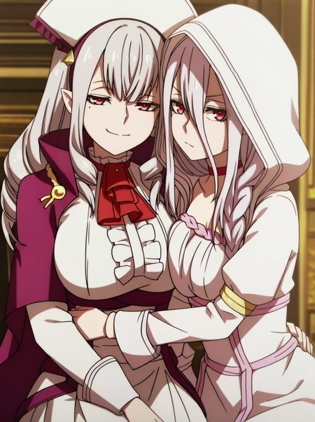 masterpiece, best quality, amazing quality, very aesthetic, absurdres, newest, anime screenshot,  anime coloring,  ,  2GIRLS side-by-side, hug
BREAK <lora:SophiaKeren:0.8>sophiakerenkumo, 1girl, long hair, solo, breasts, large breasts, smile, ,breasts, large breasts, smile, cape, red eyes, mole under eye, skirt, ascot, pointy ears, drill hair sitting smirk smug, indoors, looking at viewer,
BREAK  <lora:ShiraoriKumo:0.8>shiraoriillust, 1girl, long hair, solo, braid, choker, breasts, hood, dress, hair between eyes, single braid, red eyes, looking at viewer, white dress annoyed,