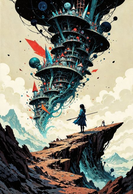 (in Otomo Katsuhiro style:1.2), masterpiece, high-quality, A ghostly painter dressed in flowing ink-stained garments, wielding an oversized brush as though its a weapon, Each stroke she paints on thin air brings to life fragments of a surreal landscape a floating palace a river of stars, mountains growing like crystalsâhovering around her in a swirling vortex of imagination, creation in motion, surreal fragments, floating art, Stylized anime with painterly abstract effects and a sense of fluidity, (elaborate fine details:1.1), (hyperdetailed:1.1), (intricate details:1.0), (Refined details:1.1), (best quality:1.1), (high resolution:1.2), <lora:FLUX\Anime v1.3:0.6> <lora:FLUX\VividlyReal:0.6> <lora:FLUX\FLUX-daubrez-DB4RZ:0.4>