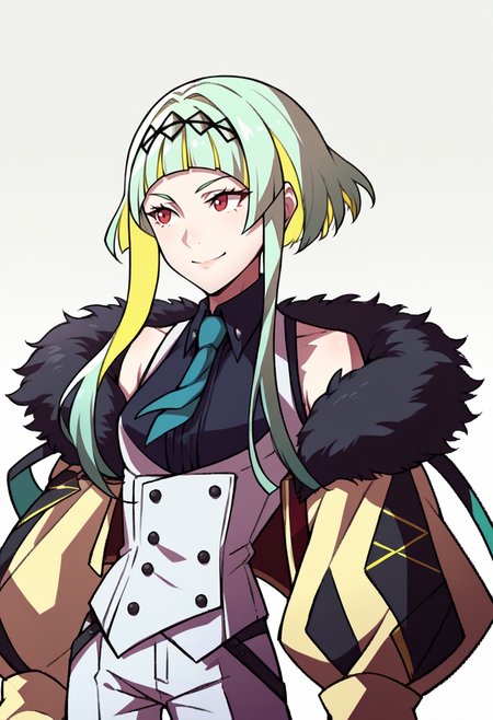 score_9, score_8_up, score_7_up, source_anime, BREAK solo, 1girl, <lora:zs_AwakeningPortraitsXL:1>, awakeningportraits, portraits, white background, <lora:Ringo-pdxl_Fp:1>, ringosh2, short hair with long locks, green hair, multicolored hair, red eyes, hairband, white vest, white shorts, necktie, shirt, body markings, sleeveless, collared shirt, jacket, cropped jacket, fur trim, smile