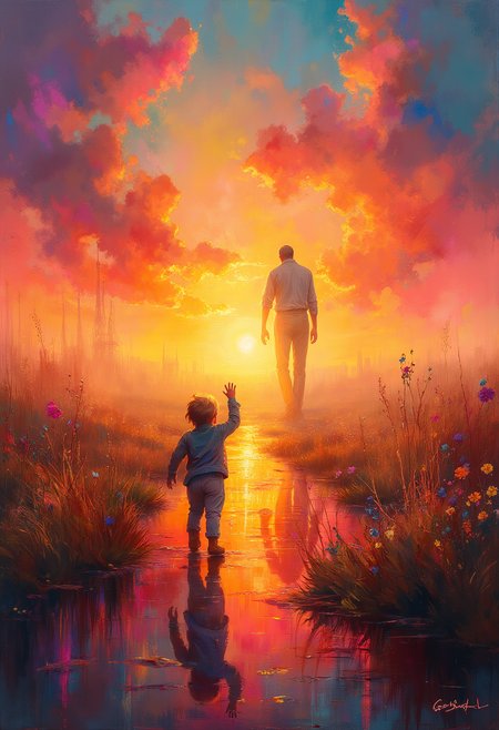 A child standing, waving goodbye to a father who is far in the distance, walking into the sunset, vibrant glow, the words "Good Bye" on top