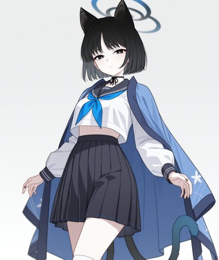 official art, absurdres, highres, anime coloring, hi res, best quality, masterpiece, 2d, intricate details, 4k,
1girl, solo, eyelashes, nose, short hair, bangs, brown hair, black hair, black eyes, antenna hair, halo, 
animal ears, tail, cat ears, cat tail, cat girl, double tail,
breasts, black skirt, sailor collar, shirt, long sleeves, school uniform, white shirt, midriff, crop top, neckerchief, black sailor collar, blue neckerchief, choker, blue cape, cape, 
skirt, pleated skirt, serafuku, socks, kneehighs, white socks,
cowboy shot, looking at viewer, 
depth of field, white background, gradient background,  <lora:Kikyou_(Blue_Archive)_ILXL:1>, kikyou \(blue archive\),