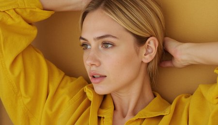 Isabel Lucas as Pauline in a contemplative close-up. She is dressed in a vibrant yellow blouse, her platinum blonde hair pulled back in a loose bun. Her expression is thoughtful and introspective, adding a subtle emotional depth to the scene.  