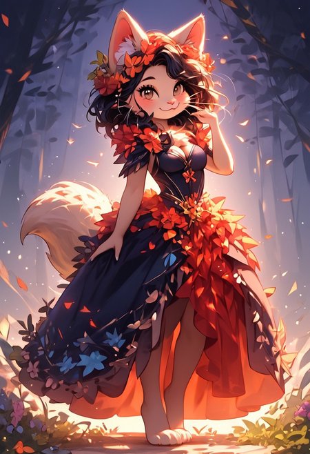 score_6_up, (((masterpiece))), (((best quality))), ((ultra-detailed)), solo, quality art, digital art, (Cartoon Style), ((an extremely delicate and beautiful)), ((sharp focus)), ((high end)), (crystal clear eyes), ((nostalgic cinematic experience)), ((high end fingertip)), (((Full body shot))), well balanced body, ((full body shot)), (((1girl))), (((Anthro Cat))), ((solid black Cat Ears)),(fluffy cat ears),  (((Long, black hair))), (((hair framing face))), ((flowy bangs)), ((beautiful detailed eyes)), smile, cleavage, (medium breasts), Cute, Adorable, (((Solid Black Fluffy tail) (Cat tail)), ((Brown Eyes)) (dusty rose pink Fur))), ((chest fur)), (fluffy fur), (((furry female))), (fluffy fur), (((furry female))), (((peachy fur))), smile, cute smile, whiskers, (blush:0.8), (happy:0.4), ((slanted eyes)), (thick eyeliner), ((long eyelashes)), intricate Druid dress, Druidic, nature dress, leafy dress, medium length dress, covered in flowers, flower crown, accessories, Expressiveh, easynegative, Sakukitty, anthro,